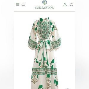 Sue Sartor Flounce Dress XL. Crisp white background with green and aqua accents.